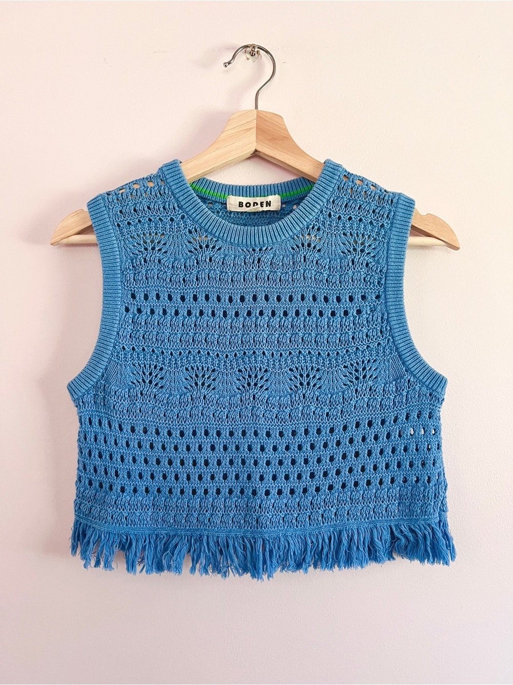 Boden Cropped Fringe Crochet Vest
